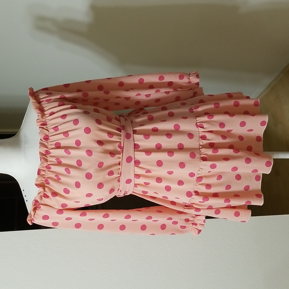 Pretty Little Thing Pink Polka Dotted Mini Dress Elastic Waistband Long Sleeve